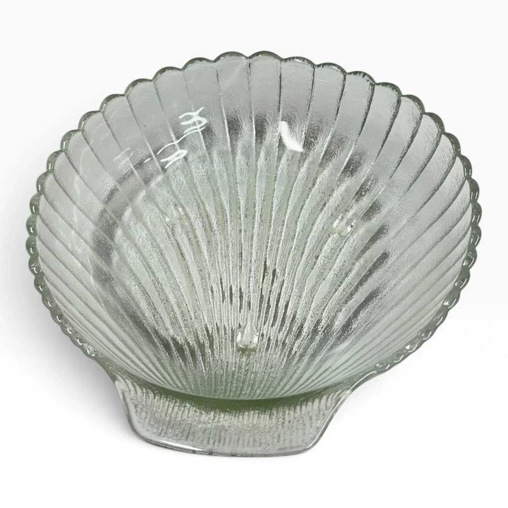 Vintage Clear Textured Glass Scallop Shell Bowl Coastal Decor Large 10 Inch